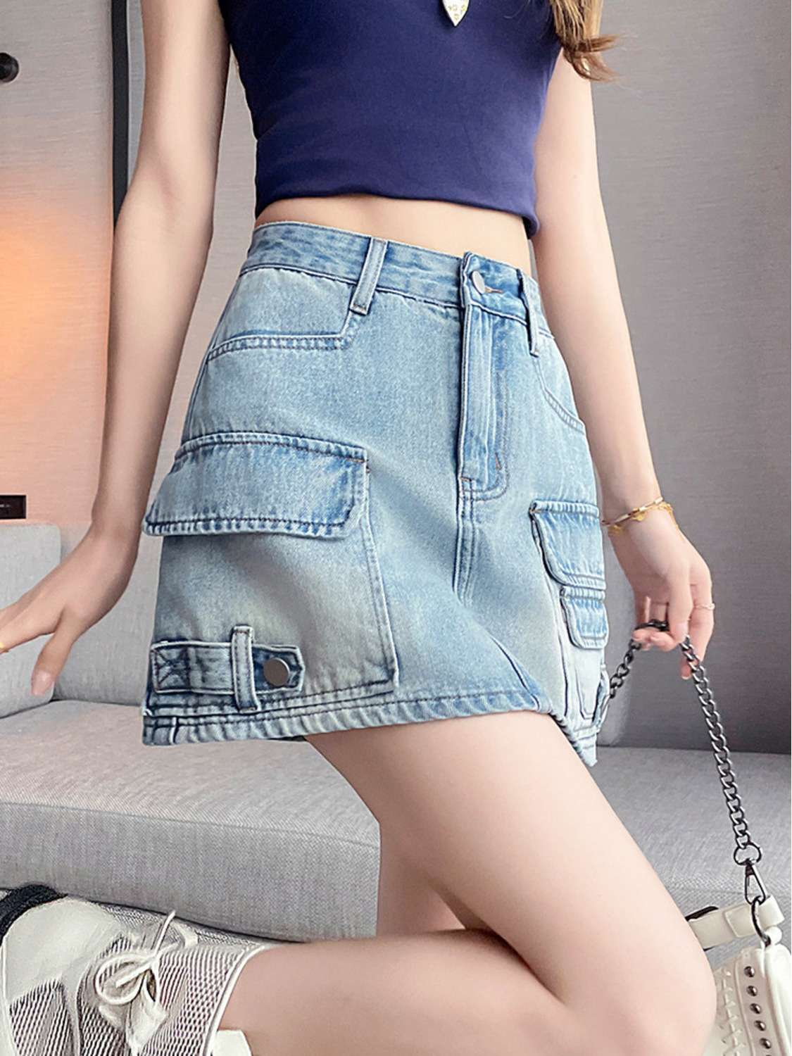 Fly Line - Rok Mini Denim Kargo Wanita Pinggang